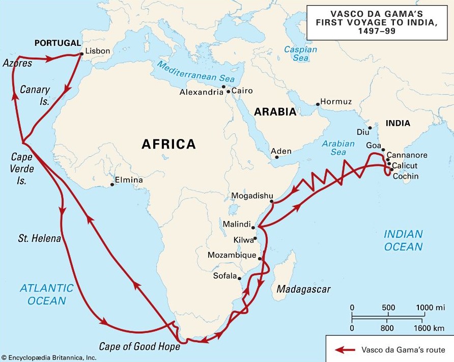 Vasco da Gama'nın ilk seferinde izlediği ve Ümit Burnu'nu keşfederek Hindistan'a vardığı rota.