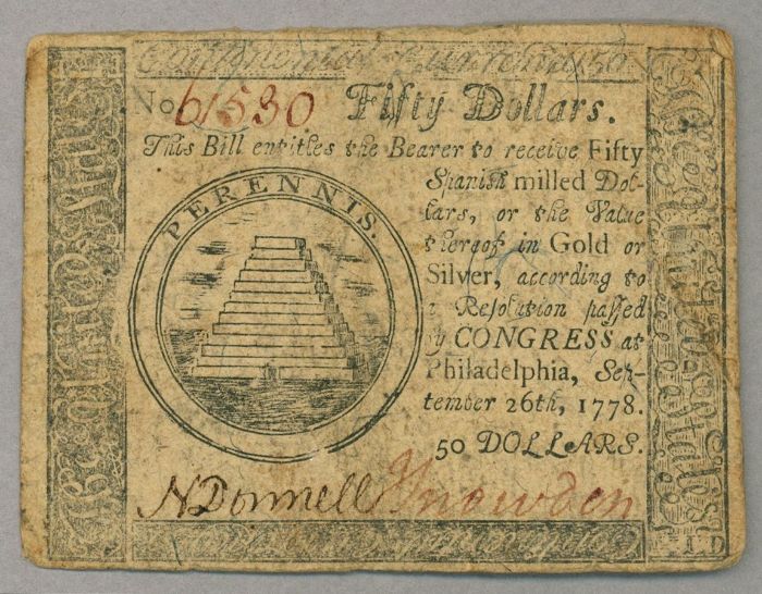 1778'den 50 Dolarlık Continental doları. Parada bugünkü ABD dolarında görülen bitmemiş piramit tasarımı görülür.
