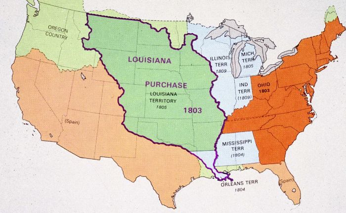 Satın alınan Louisiana alanını gösteren harita. Fransa'dan satın alınan arazi ABD'nin yüzölçümünü neredeyse iki katına çıkardı ve yalnızca 15 milyon dolara mal oldu.