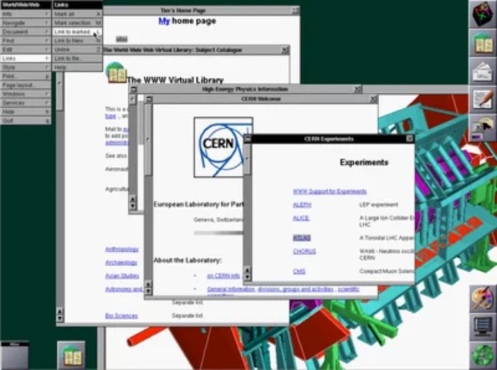 World Wide Web'deki içeriği görüntülemek ve düzenlemek için kullanılan Tim Berners-Lee'nin Nexus tarayıcısından alınan 1993 tarihli bir ekran görüntüsü.