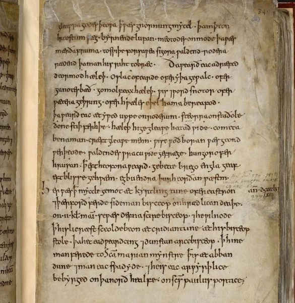 Anglo-Sakson Kroniği, 10. yüzyıldan orijinal bir sayfa.