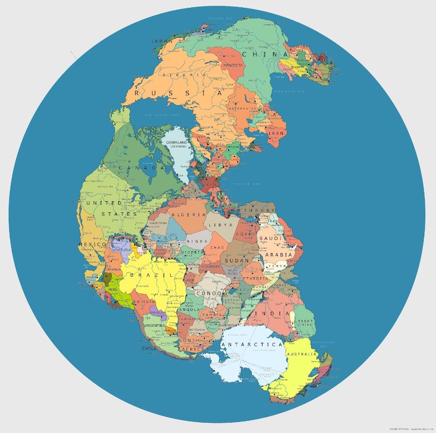Bugünkü siyasi sınırlarla Pangea haritası. 