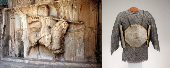 Zincir zırh giyen Sasani heykeli, MS 4. yüzyıl.