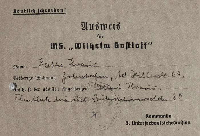 Gemiye son dakikada binmeyen bir kişinin Wilhelm Gustloff bileti.