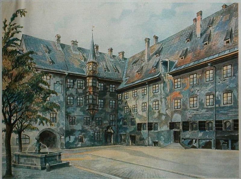 The Alter Hof in Munich: (Münih'teki Eski İkametgahın Bahçesi) Adolf Hitler tarafından yapılan suluboya, 1914. Hamburg: Cigaretten Bilderdienst Hamburg/Bahrenfeld, 1936)/Wikimedia Commons.