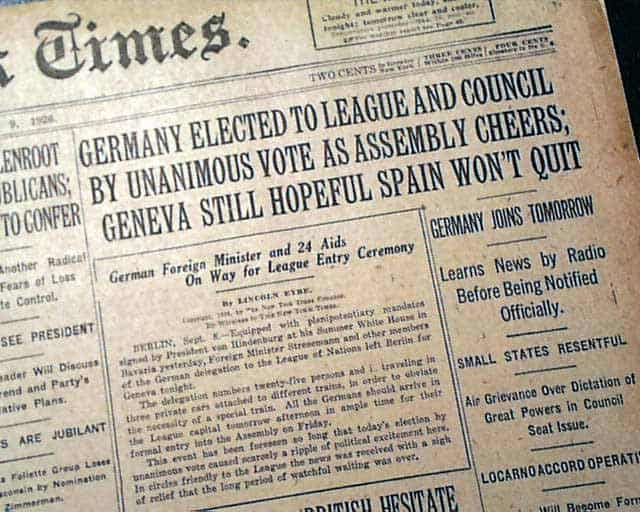 Almanya, Milletler Cemiyeti'nden çekildiğini duyurdu. 9 Eylül 1926 The New York Times