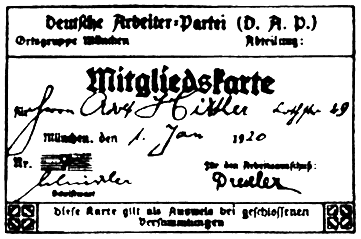 Hitler'in Alman İşçi Partisi (DAP) üyelik kartı.
