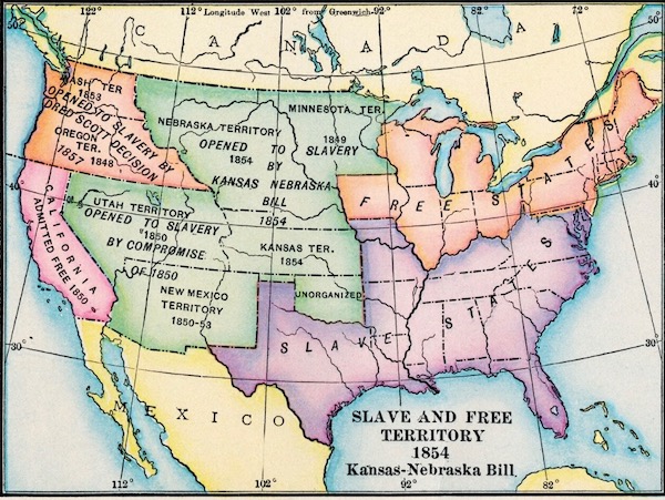 1854'te Amerika Birleşik Devletleri'nin renkli bir haritası, Kansas-Nebraska Yasası'nın etkilerini göstermektedir