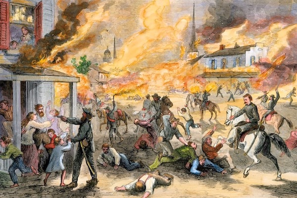 Renkli bir gravür, Kansas'taki 1863 katliamını tasvir ediyor. William C. Quantrill'in önderliğinde gerçekleşen saldırı arkasında 150'den ölüm bıraktı