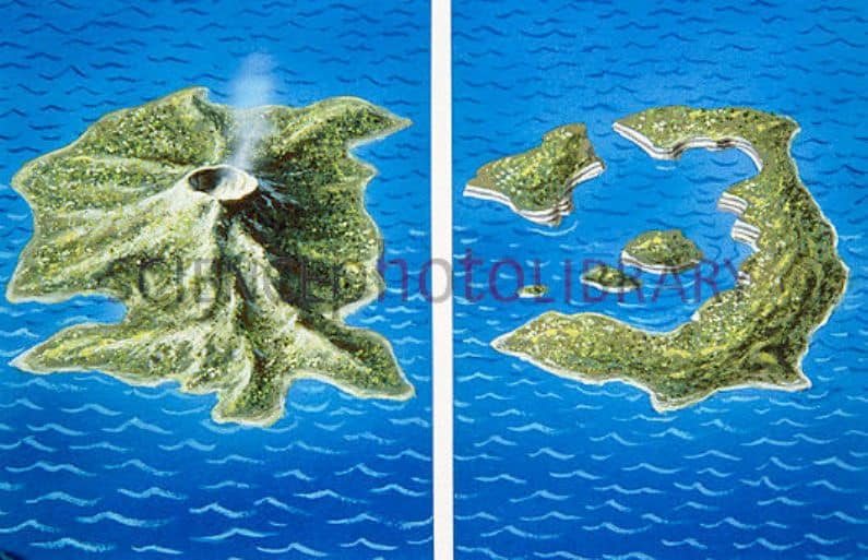 Thera patlamasından önce ve sonra Thera'nın şeklini gösteren çizim, Ege Denizi'ndeki modern Santorini / Kaynak Science Photo Library