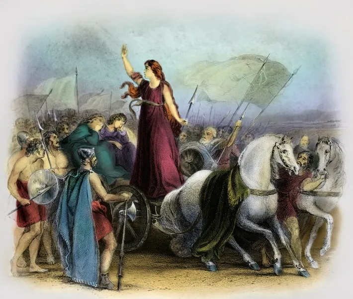 Boudica, arabasının tepesinde güçlerine sesleniyor