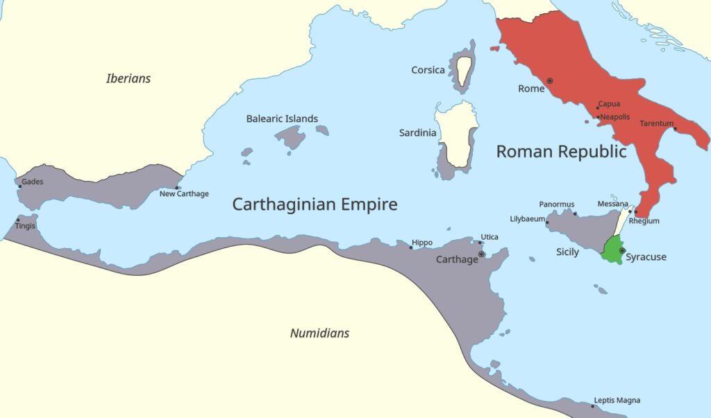 Birinci Pön Savaşı arifesinde Roma ve Kartaca topraklarını gösteren harita, MÖ 3. yüzyıl, Kaynak: Wikipedia