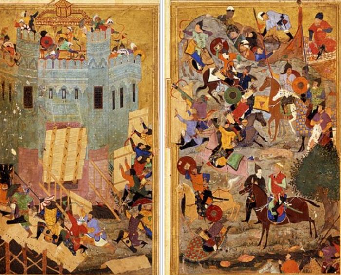 Garrett Zafarnama'nın 1467 el yazmasından İzmir Kuşatması'nı tasvir eden iki Pers minyatürü.