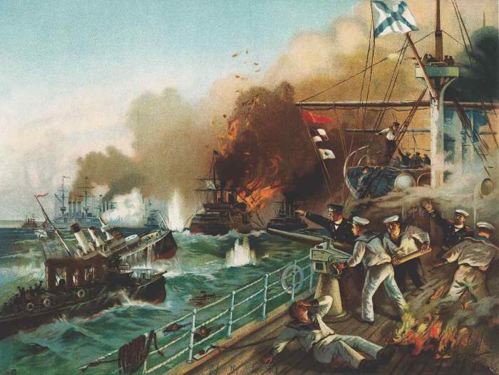 Tsushima Muharebesi'nde Rus gemisi batıyor.