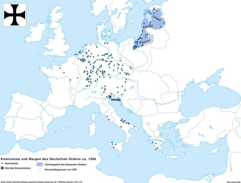 Töton Şövalyeleri'nin kontrolü altındaki komutanlıklar ve bölgelerin (mavi işaretli) haritası yaklaşık 1300.