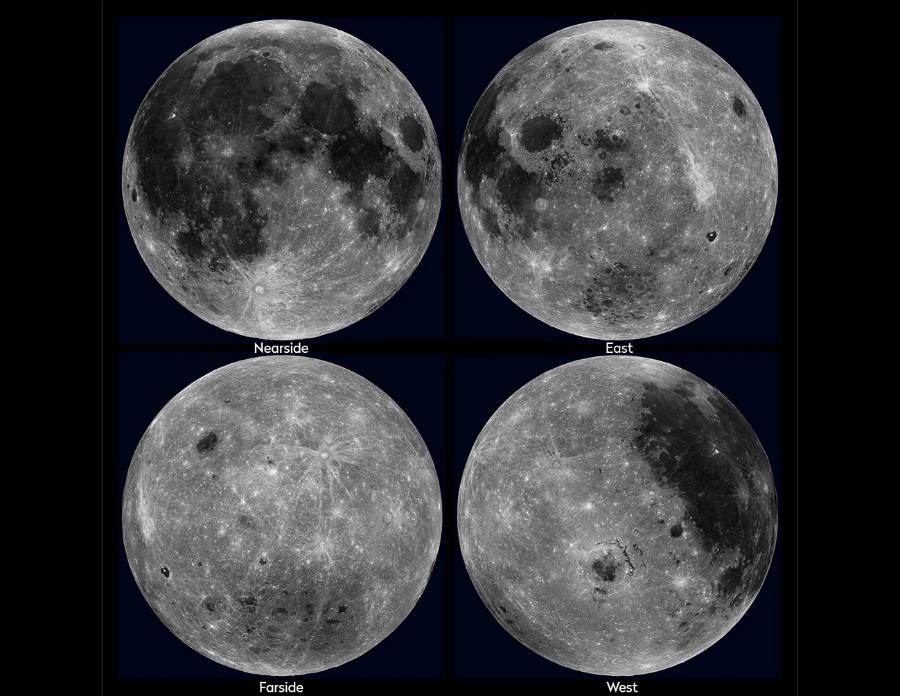 Ay'ın arka yüzü sol atta görülüyor. NASA'nın LRO aracı ile kaydedilen Ay'ın dört yarım küresinin fotoğrafı.