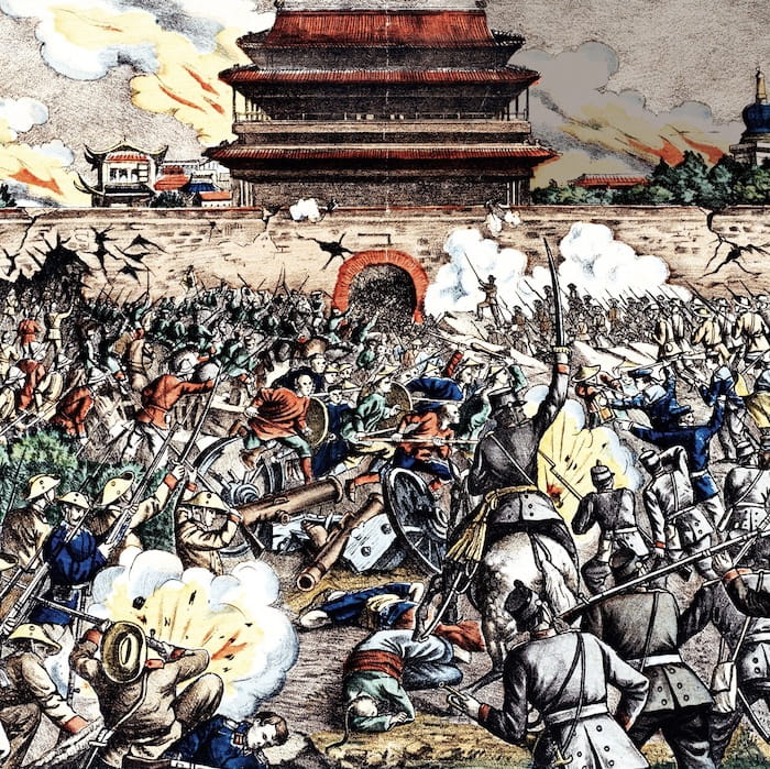 1900'de Sekiz Uluslu İttifak, bu çizimde gösterildiği gibi, Boxer Ayaklanması'na karşı savaşmıştı