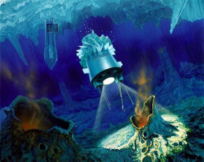 NASA'nın Europa'daki okyanusa gönderdiği kriyobot (su buzu içine girebilen robot) izlenimi.