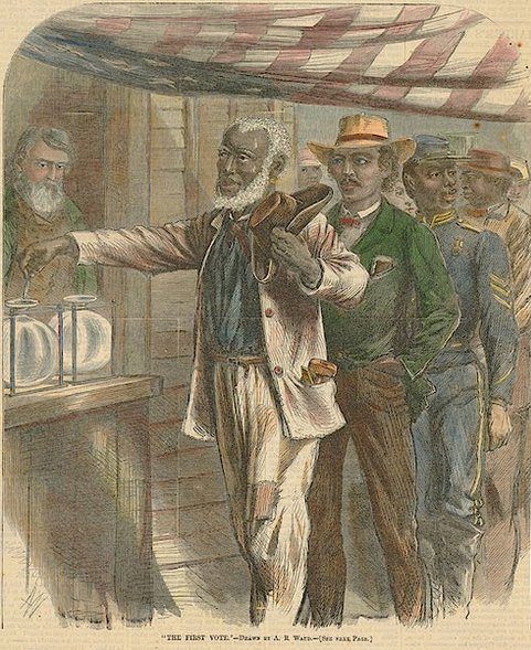 1867'de Harper's dergisinin kapağında gösterildiği gibi, Afrikalı Amerikalılar ilk defa oy kullandı