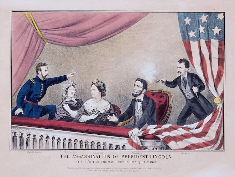 Abraham Lincoln'ün Ford's Theatre'da uğradığı suikastın renkli bir litografisi