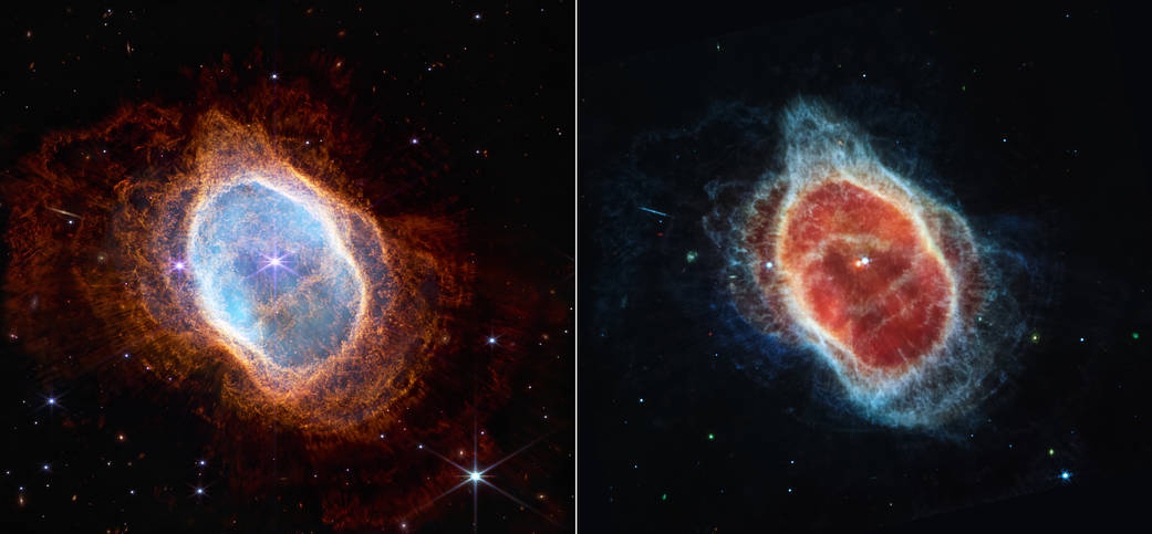 Güney Halka Bulutsusu'nun yakın kızılötesi ışıkta (sol) ve orta kızılötesi ışıkta (sağ) fotoğrafları.