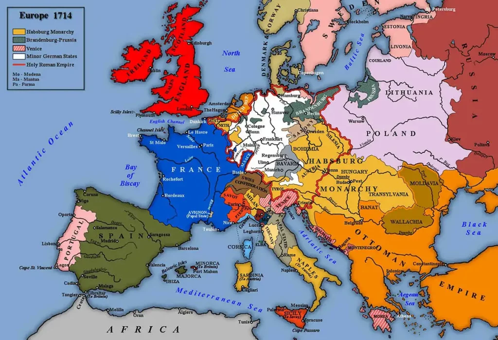 Utrecht Antlaşması Haritası. İsyancı kırmızı ceketliler (İngiliz askerleri) tarafından yapılmıştır. 