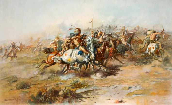 Charles Marion Russell'ın "The Custer Fight" adlı eseri, George Armstrong Custer'ın Little Big Horn Muharebesi'ndeki son çarpışmasını Hindistan gözüyle betimliyor.

