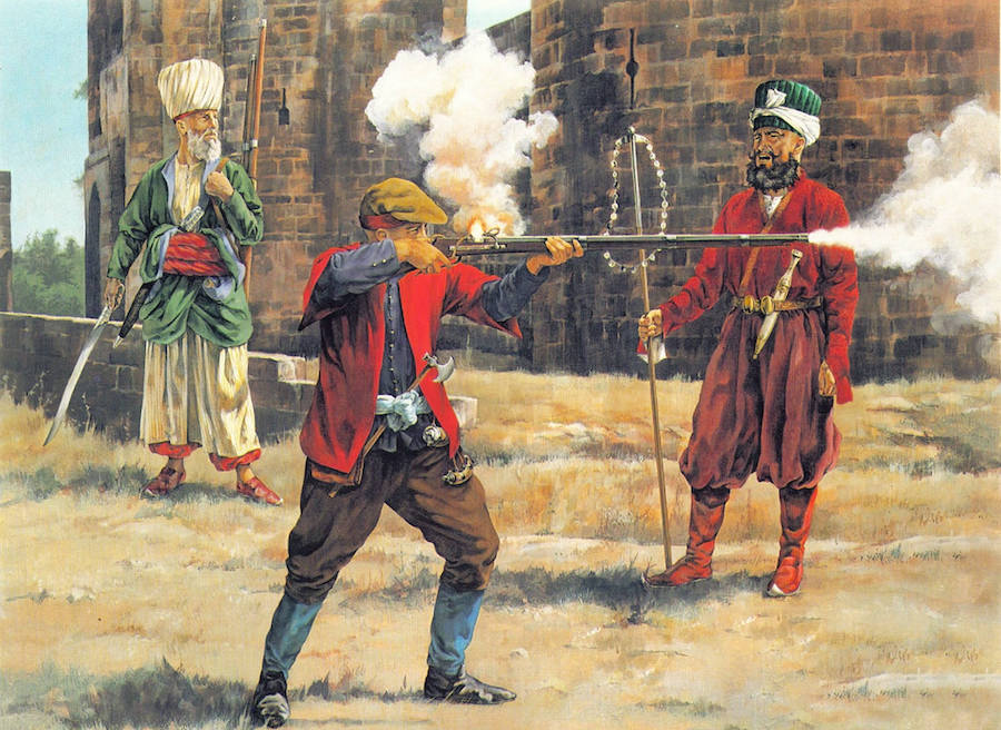 Yeniçeri Acemi Oğlanı ve sağda yeniçeri acemi oğlanlarının İç Oğlan Çavuşu (17. yüzyıl) ve solda cezalandırmak için bekleyen Falakacı Başı (17.-18. yüzyıl)