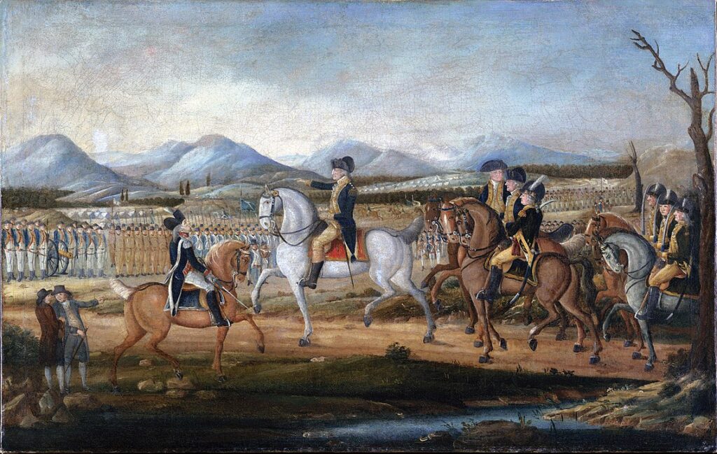 George Washington, Batı Pennsylvania'daki Viski İsyanı'nı bastırmak üzere yola çıkmadan önce Maryland'deki Cumberland Kalesi yakınlarındaki birlikleri gözden geçirir.