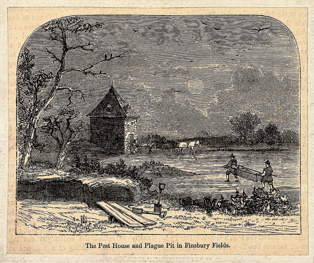 1865 yılında Finsbury Fields'daki haşere evi ve veba evinin tasviri