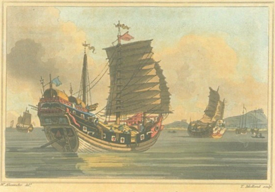 Bir Çin Jong gemisinin 1804 tarihli baskısı. Sığ sularda ya da okyanus yolculuklarında kullanılabilen jong, yüzyıllar boyunca Asya'da tüccar ve korsan gemiciliğinin temel dayanaklarından biri olmuştur.