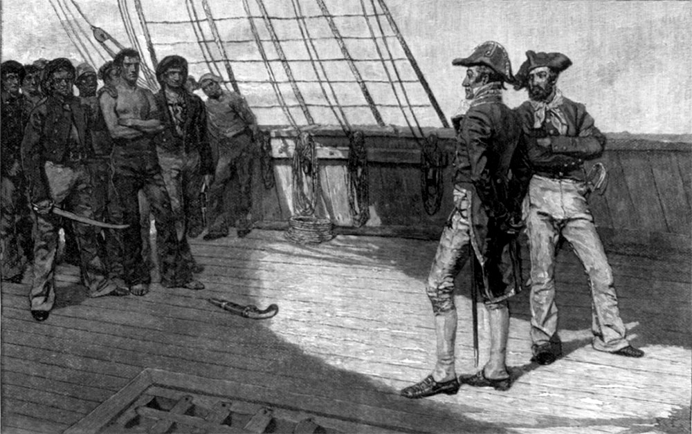 İngiliz subaylar bir grup Amerikalı denizciyi İngiliz donanmasına alınmak üzere denetliyor, yaklaşık 1810, Howard Pyle'ın çizimi. 