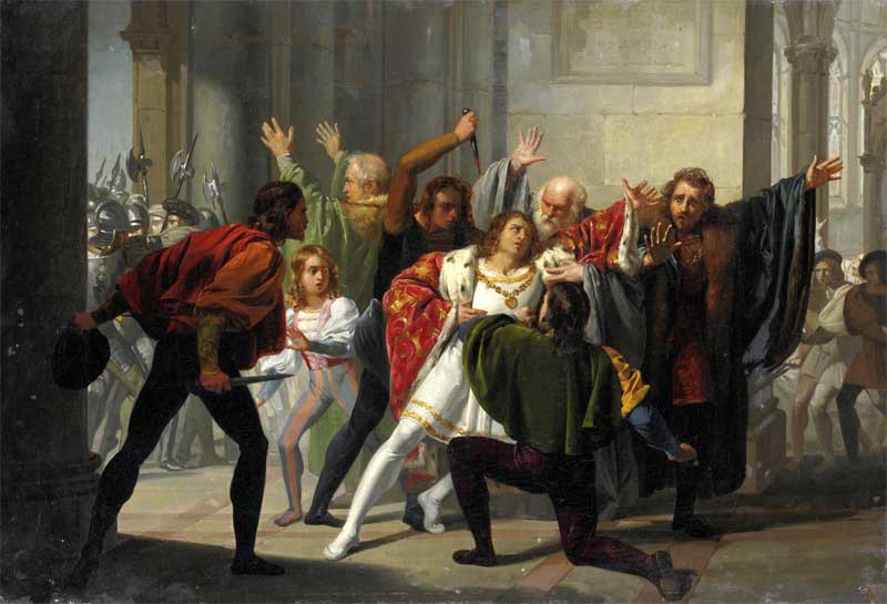 Pazzi Komplosu'nda saldırıya uğrayan Giuliano de' Medici'yi gösteren bir tablo, Stefano Ussi 