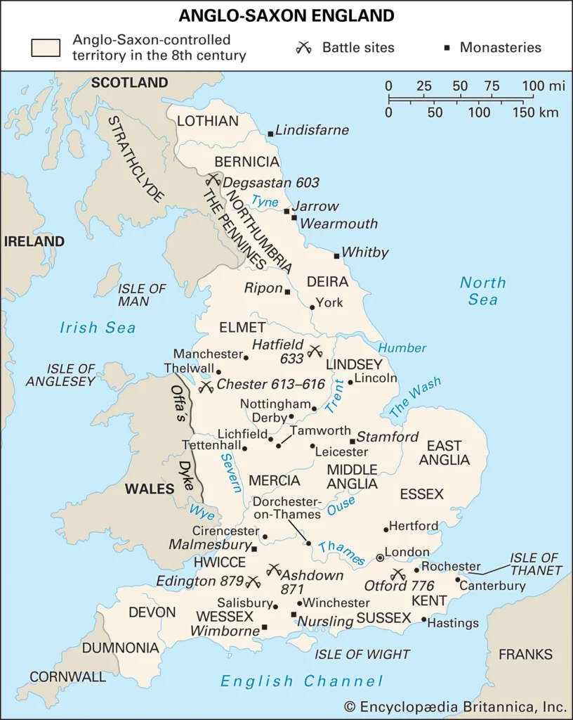 Anglosaksonlarda Yedi Krallık veya heptarşi dönemi. Anglosaksonlar yedi krallığa bölündükleri için bu adı almıştır: Wessex, Sussex, Kent, Essex, Doğu Anglia, Mercia ve Northumbria.
