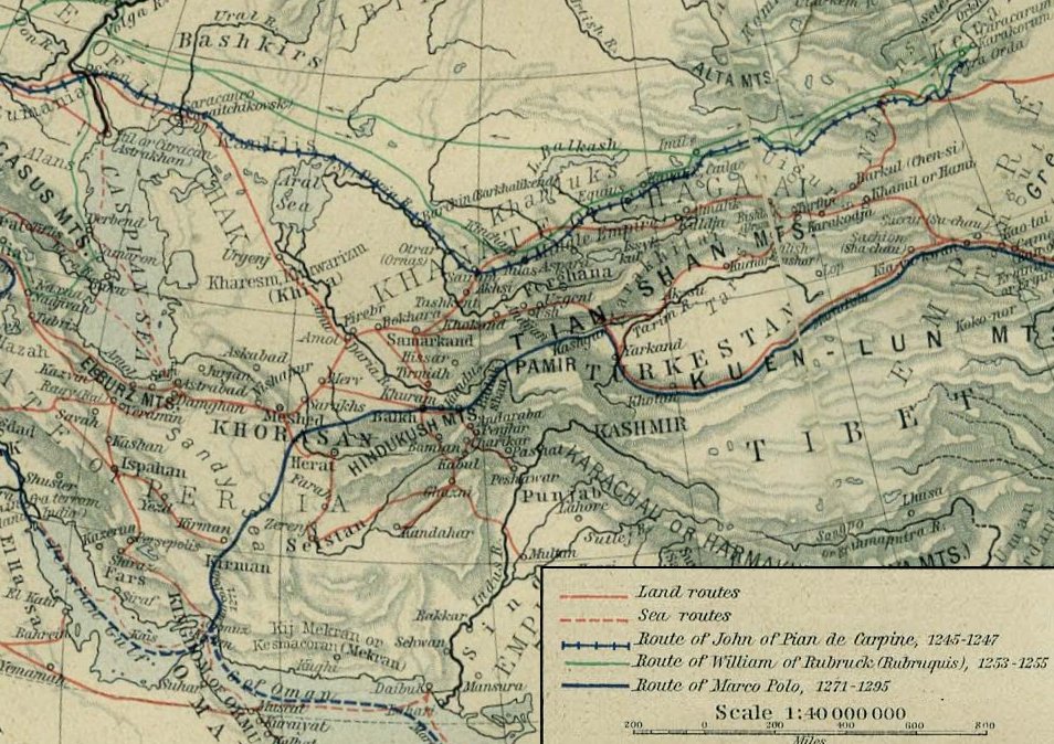 Plano Carpini'nin Doğu'ya yaptığı büyük yolculuk. Rotası, demiryolu hattı tarzında, koyu mavi ile gösterilmiştir.