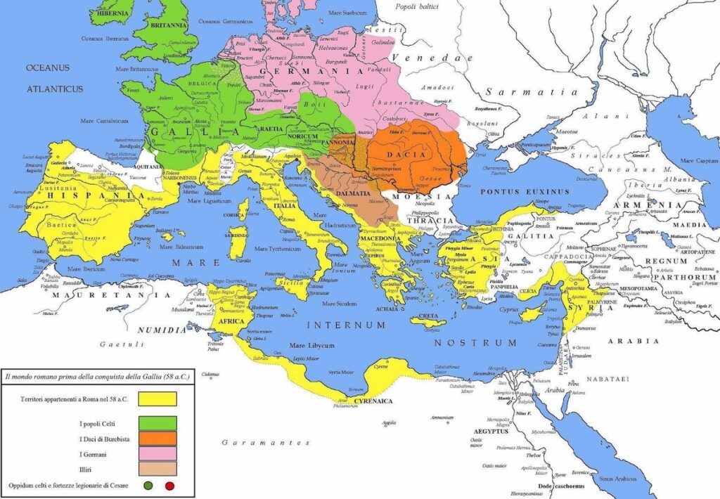 Galya'nın Jül Sezar tarafından fethinden önce, M.Ö. 58 yılında Roma dünyası. (Not: Harita Anadolu ve Levant'taki Roma'ya bağlı krallıkları göstermemektedir).