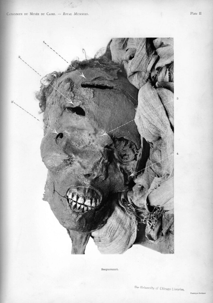 Seqenenre Tau'nun yaralarla mumyalanmış başı, MÖ 1580 civarı, Kahire Mısır Müzes