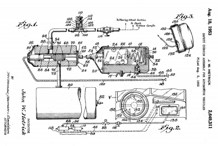 Hetrick'in 1953 hava yastığı patent çizimi.