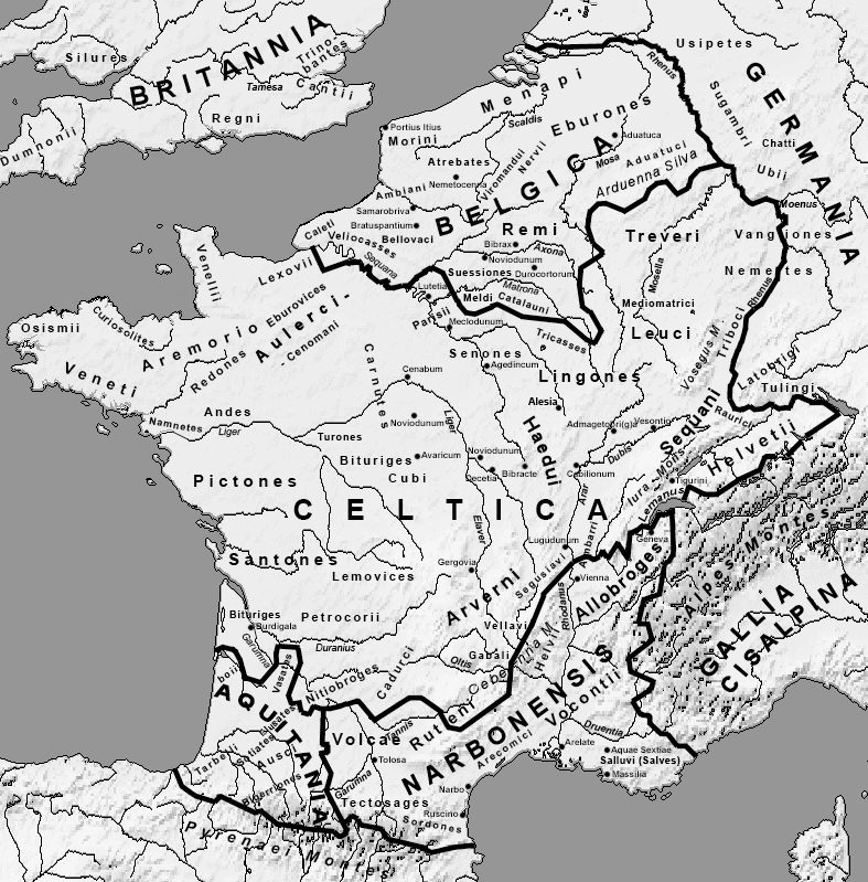 Sezar'ın yorumuna göre Roma öncesi Belçika Galyası'nın Roma fethinden kısa bir süre önceki yaklaşık konumunu gösteren harita
