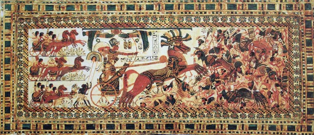 Firavun Tutankamon düşmanlarını yok ederken, M.Ö. 1327 civarı, Ahşap üzerine boyama, uzunluk 43
