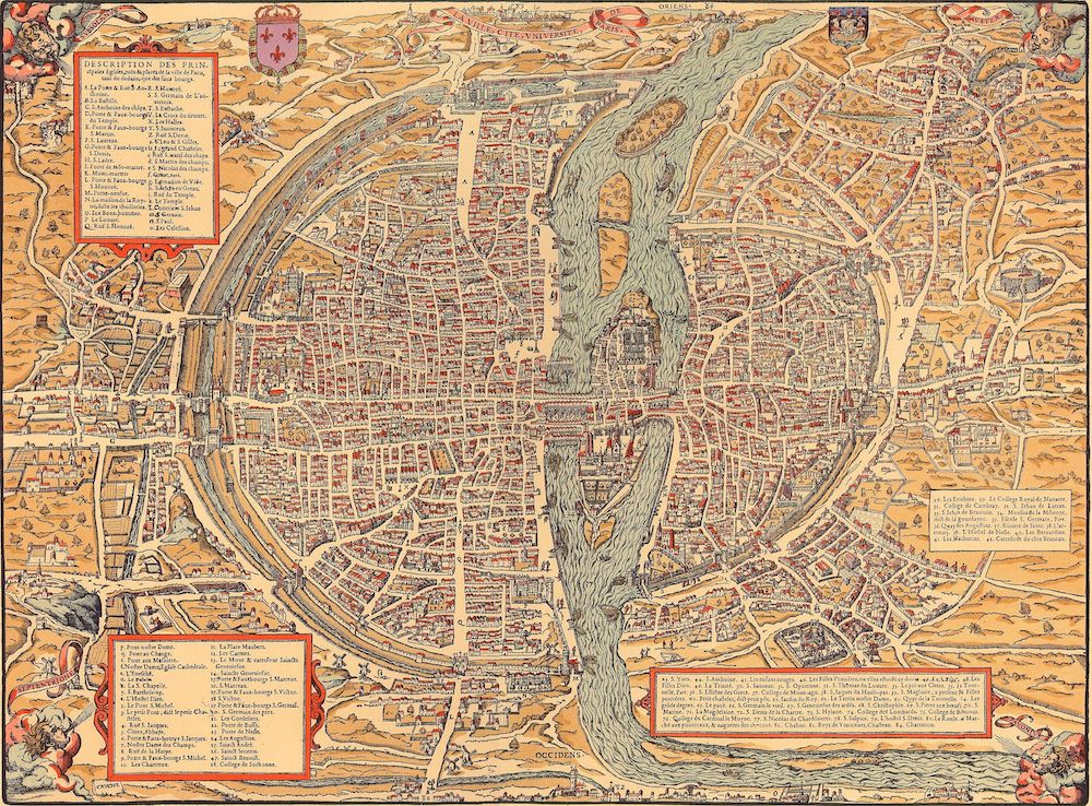 Bu Paris haritası ilk olarak 1575'te plaka olarak yayınlandı. François de Belleforest tarafından yapılmıştır.
