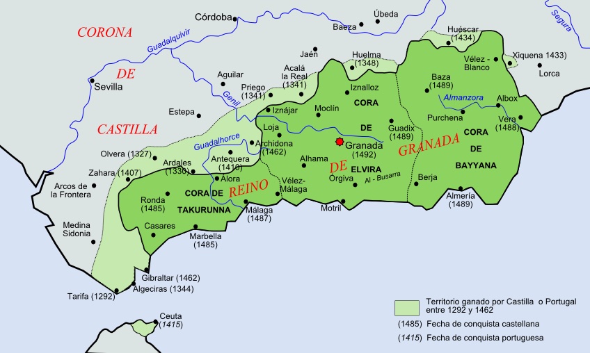 Nasrid hanedanının 15. yüzyıldaki toprakları. Açık yeşil, Afrika kıyısındaki Ceuta da dahil olmak üzere 13. yüzyılda Hıristiyan krallar tarafından fethedilen bölgelerdir