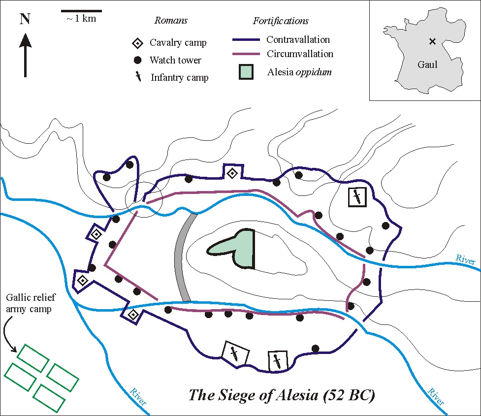 Sezar'ın Alesia'da inşa ettirdiği surlar İç kısım: çarpı işareti Galya'daki (modern Fransa) Alesia'nın yerini göstermektedir. Daire, surların kuzeybatı bölümündeki zayıflığı göstermektedir
