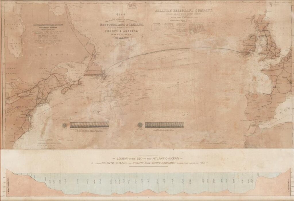 Transatlantik telgraf kablosunun planlanan rotasını gösteren Atlantik Okyanusu Haritası, 1856-57.