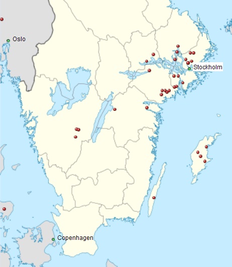 Varangian Runestones'un coğrafi dağılım haritası (neredeyse tamamı günümüz İsveç'inde bulunmaktadır).