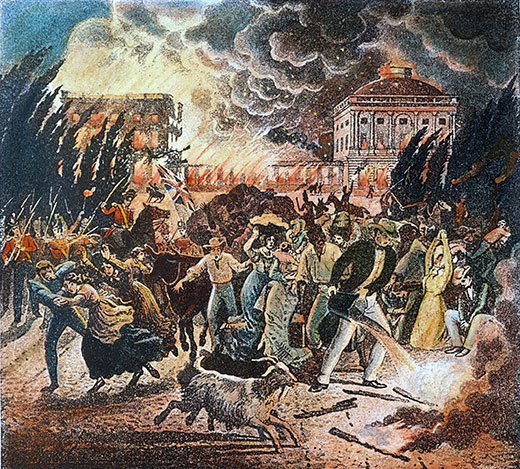 Beyaz Saray ve Kongre Binası'nın 24 Ağustos 1814'te İngilizler tarafından yakılması sırasında şehirden kaçan Washingtonlular.