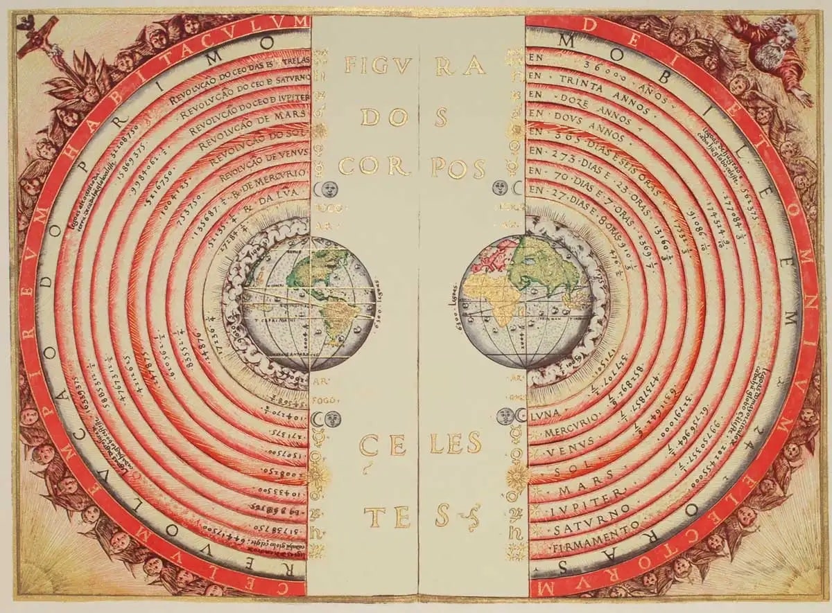Portekizli kozmograf ve haritacı Bartolomeu Velho'nun Batlamyus geosentrik sistemini gösteren bir illüstrasyonu