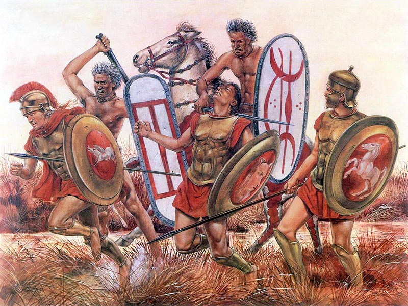 Romalı hoplitler kendilerini takip eden Keltler tarafından katledildi. MÖ 4. yüzyıl. Sanatçı: Richard Hoook