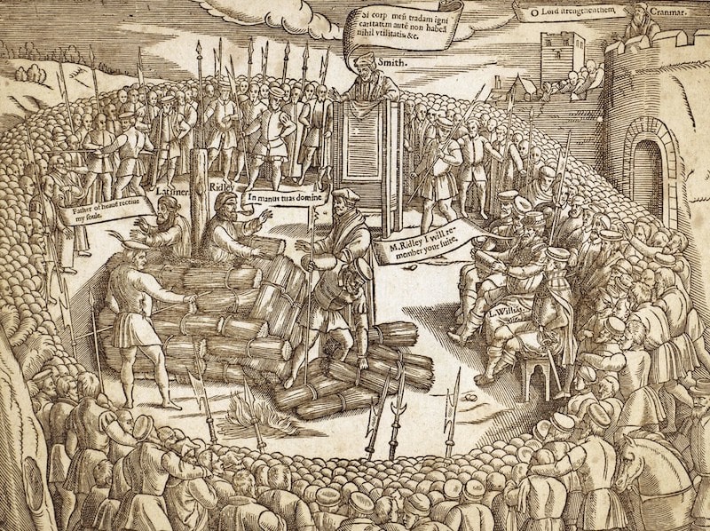 1555 yılında Piskopos Nicholas Ridley ve Peder Hugh Latimer'in idamı, John Foxe'un "Book of Martyrs" kitabında tasvir edildiği şekliyle.