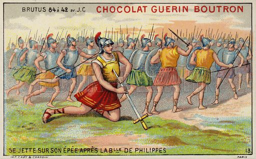 Brutus, İkinci Philippi Muharebesi'nden sonra kendini kılıcının üzerine atıyor, M.Ö. 42. Fransız eğitim kartı, 19. yüzyıl sonu / 20. yüzyıl başı.